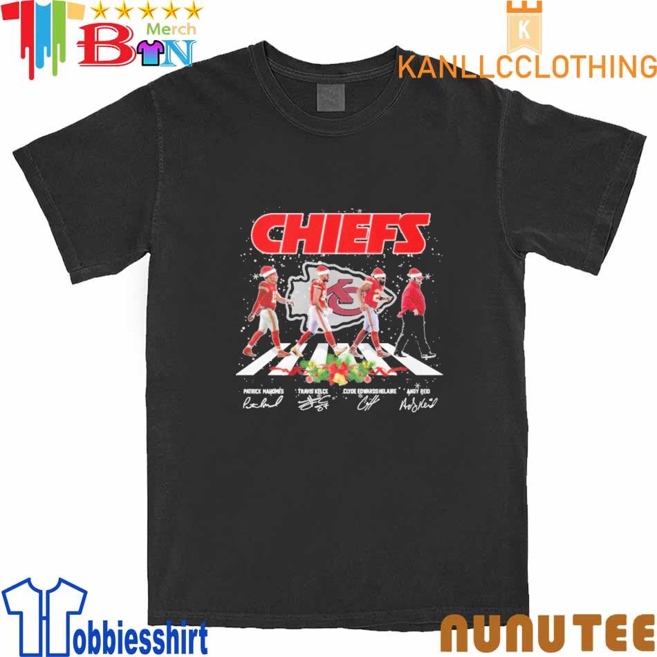 Santa Hat Chiefs Mahomes Kelce Helaire and Reid Abbey Road signatures Christmas shirt
